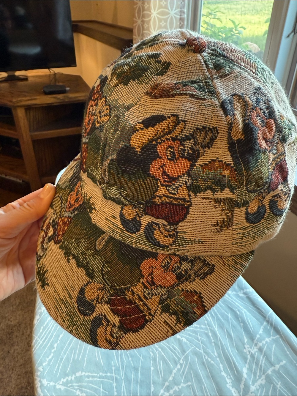 Vintage Disney Tapestry-Style Beige Green Multicolor Baseball Cap 90s Y2K
